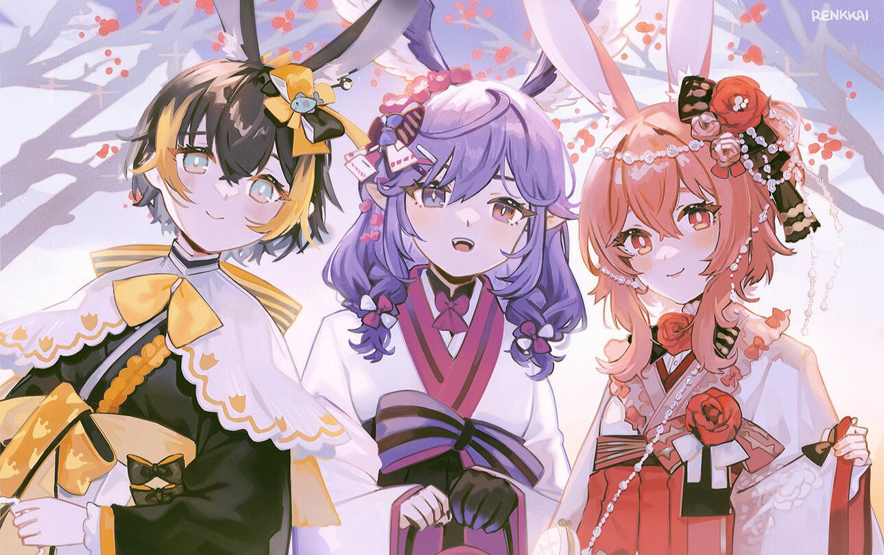 simple background, 3 characters